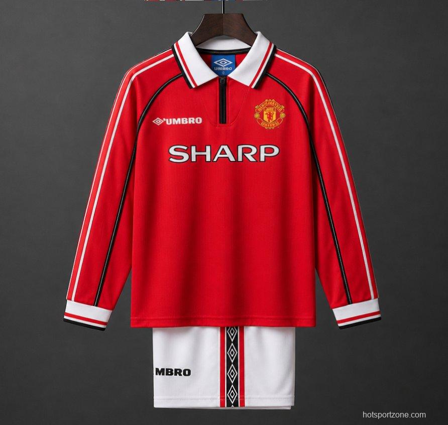 Retro Kids 98/99 Manchester United Red Home Long Sleeve Jersey