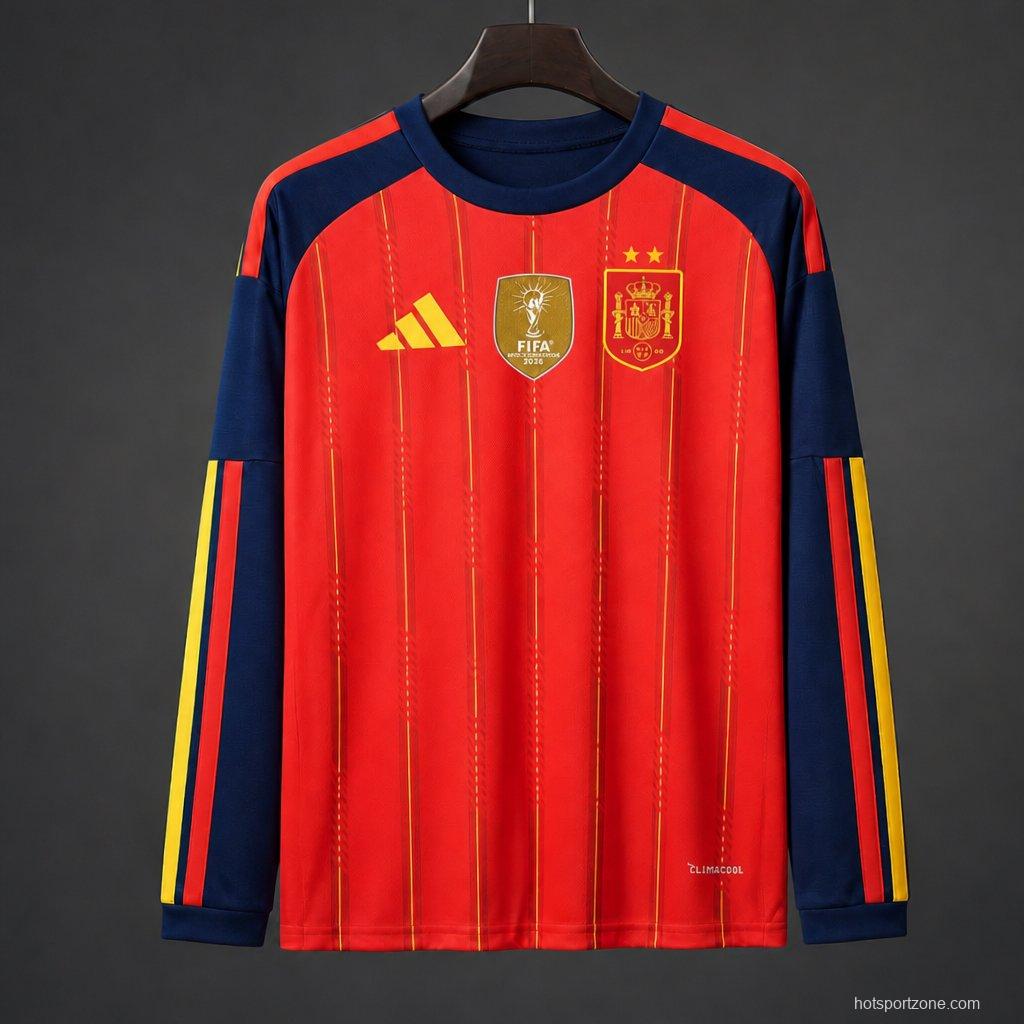 2 Star 2026 Spain Home Long Sleeve Jersey With Champion Patch